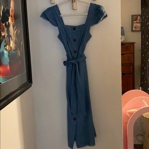 Denim frayed edge flutter sleeve dress